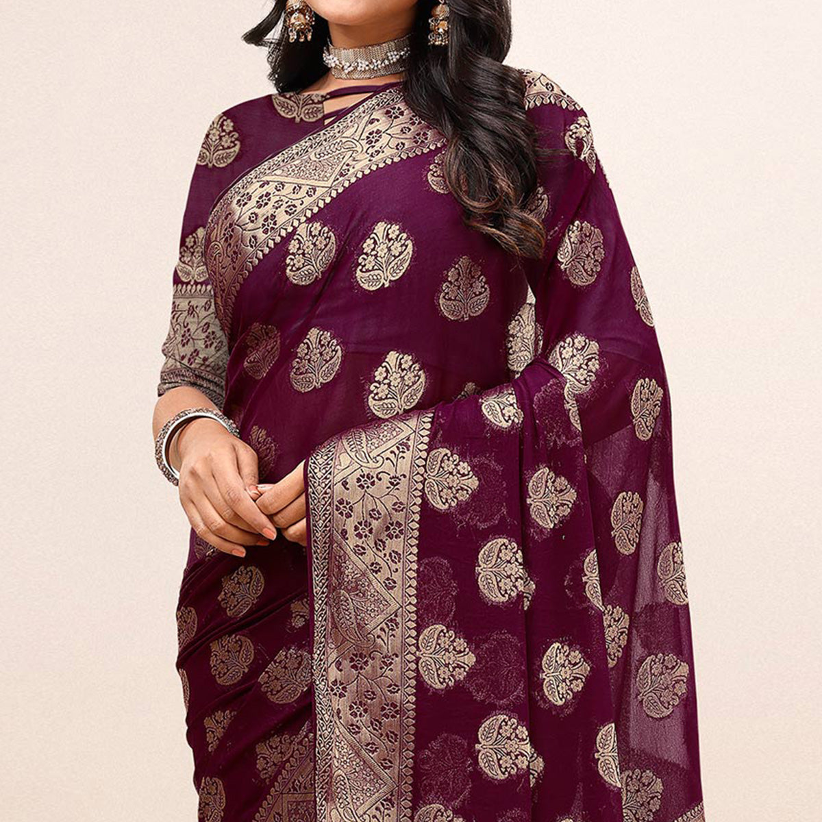Wine Woven Chiffon Saree With Tassels