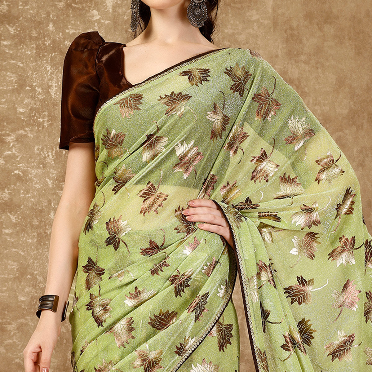 Green Foil Printed Lycra Ready To Wear Saree