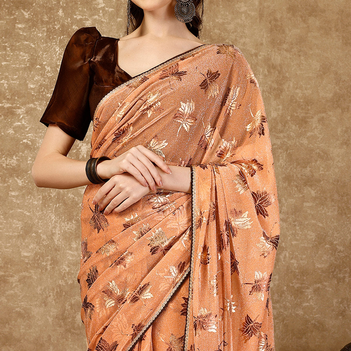 Peach Foil Printed Lycra Ready To Wear Saree