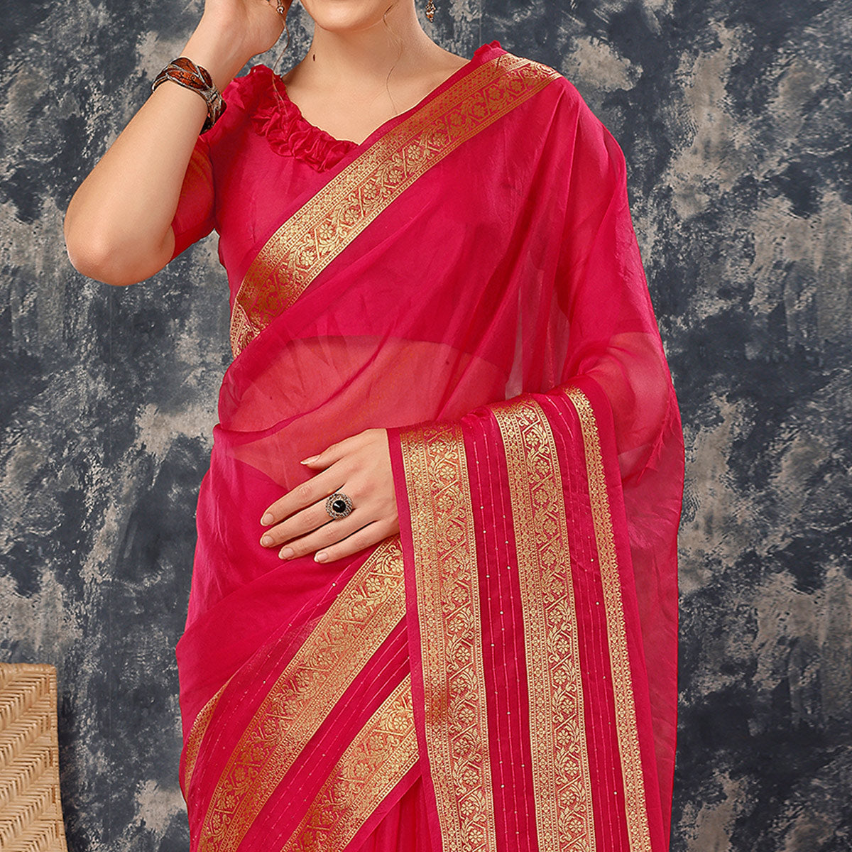 Pink Floral Zari Woven Organza Saree