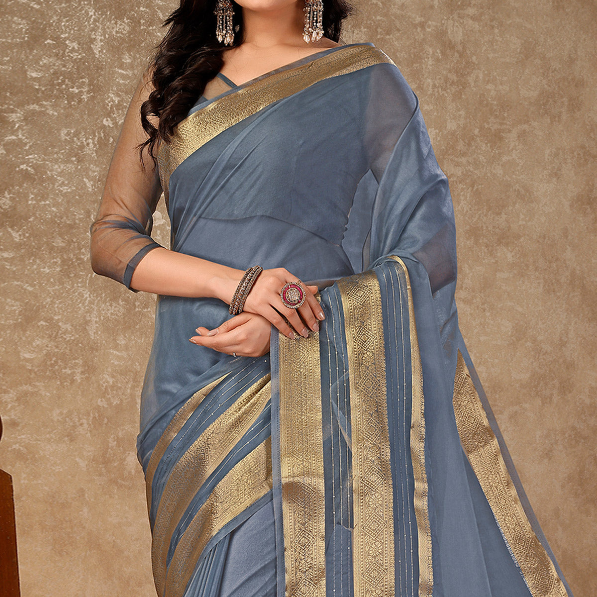 Grey Floral Zari Woven Organza Saree