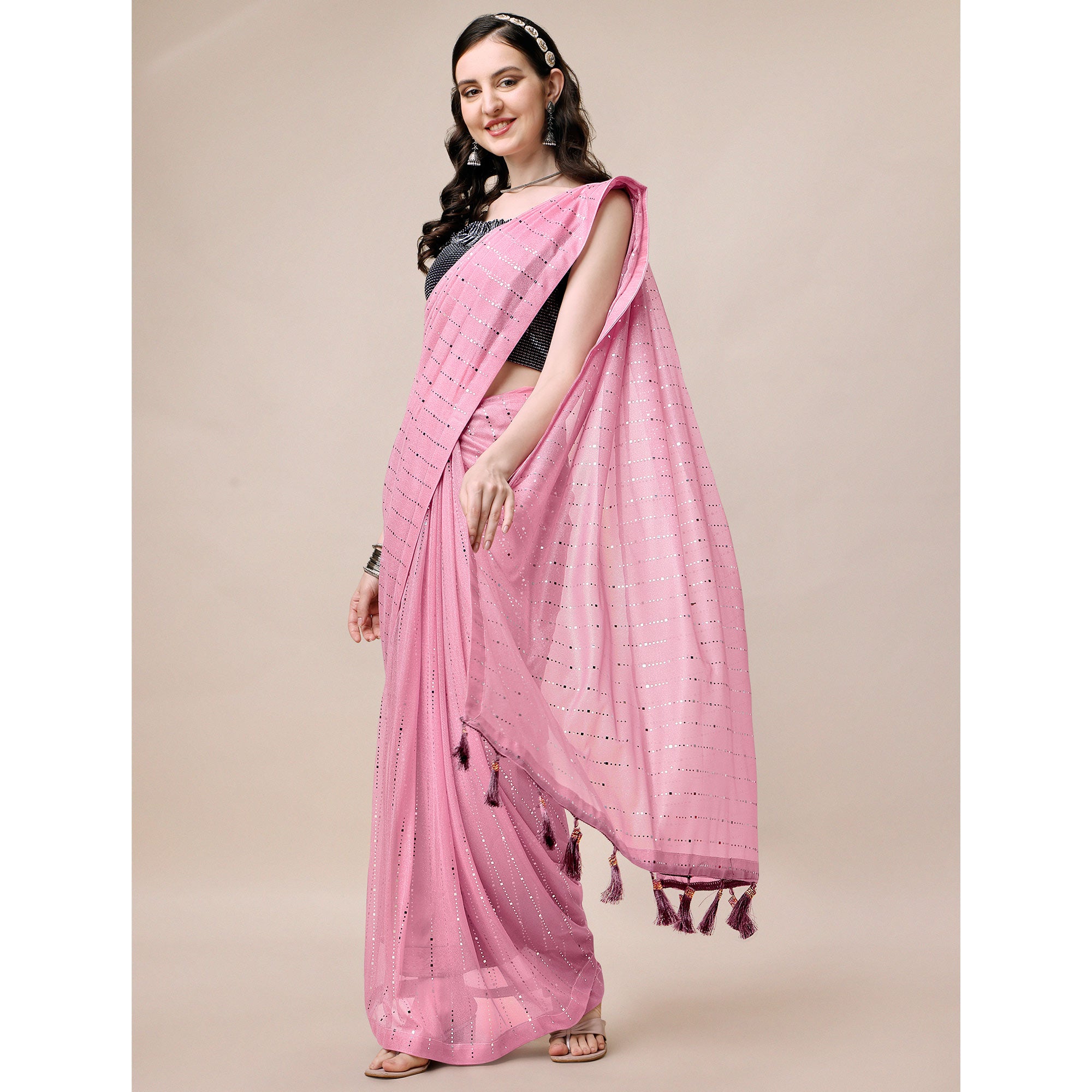 Onion Pink Striped Foil Printed Rayon Saree