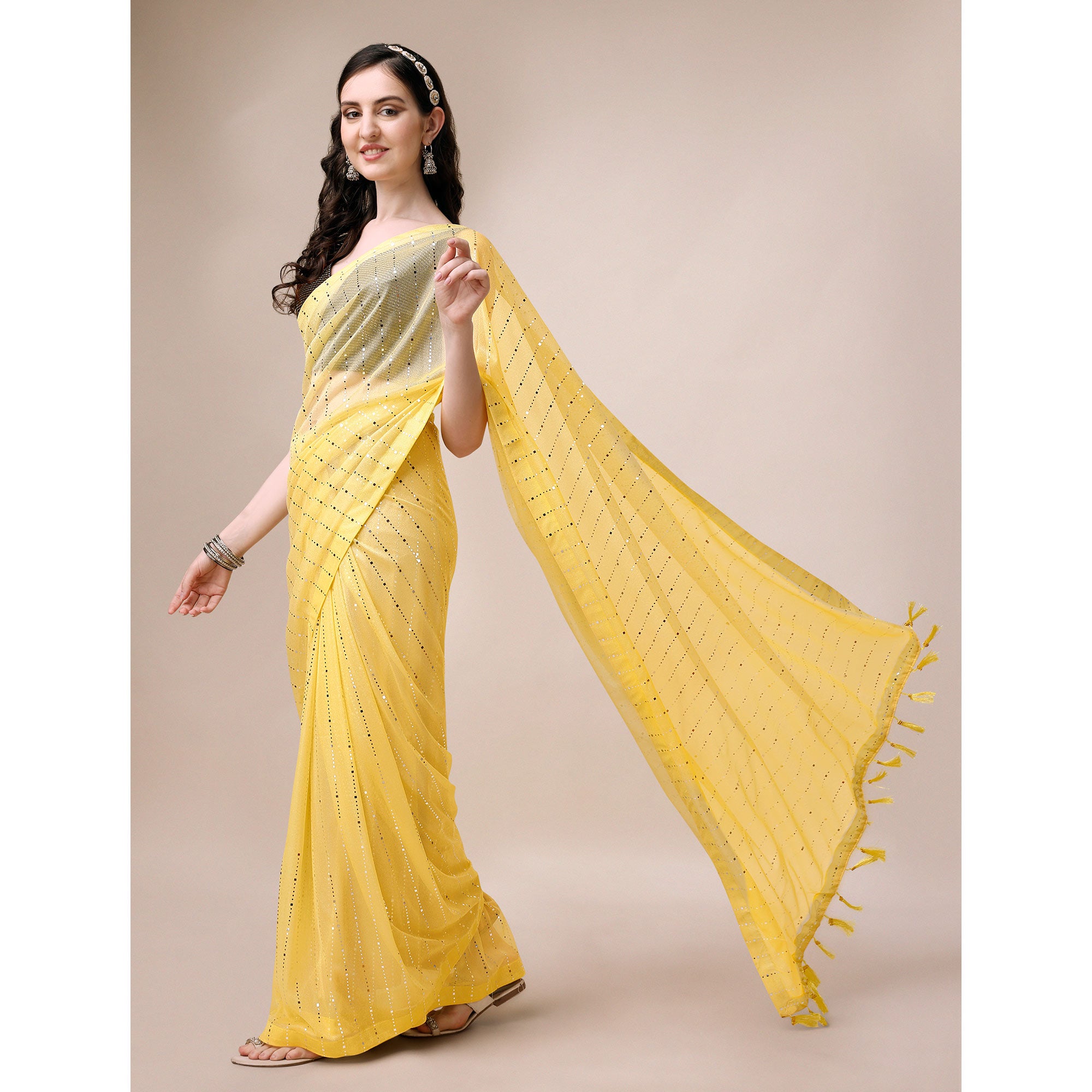 Yellow Striped Foil Printed Rayon Saree