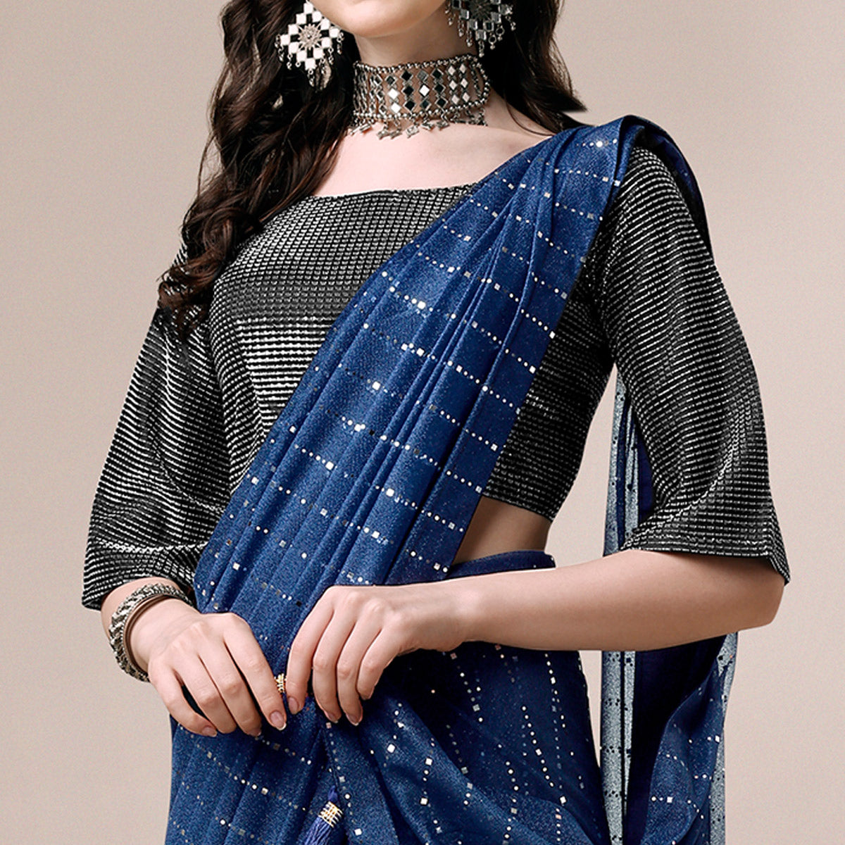 Blue Striped Foil Printed Rayon Saree