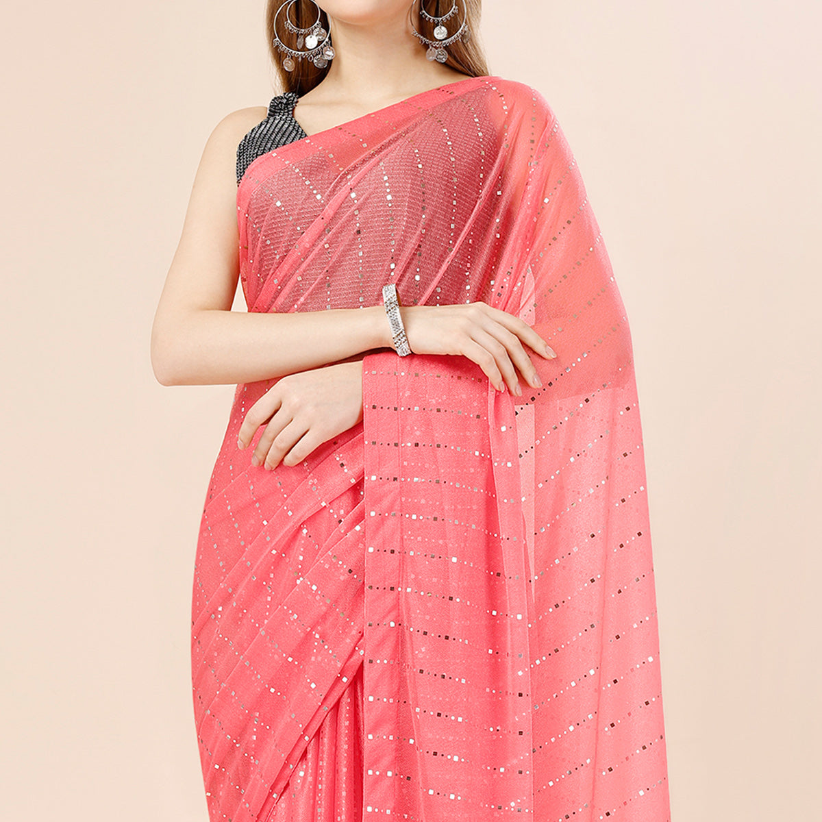 Pink Tikki Work Lycra Saree With Embroidered Border