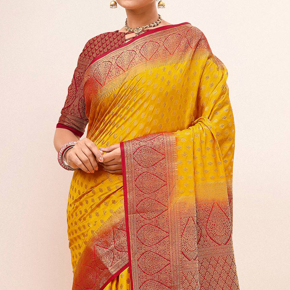 Yellow Woven Dola Silk Saree With Tassels