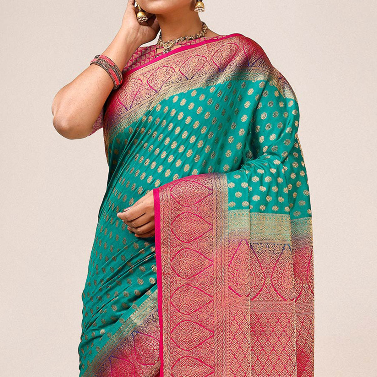 Rama Green Woven Dola Silk Saree With Tassels
