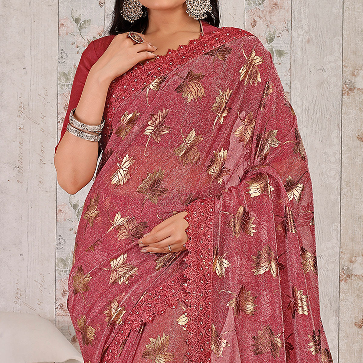 Pink Foil Printed Lycra Saree With Embroidered Lace Border