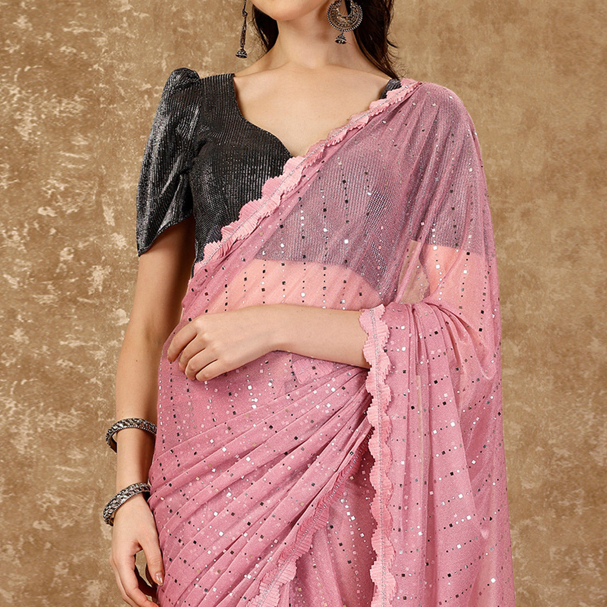 Light Pink Tikali With Swarovski Work Lycra Ready To Wear Saree