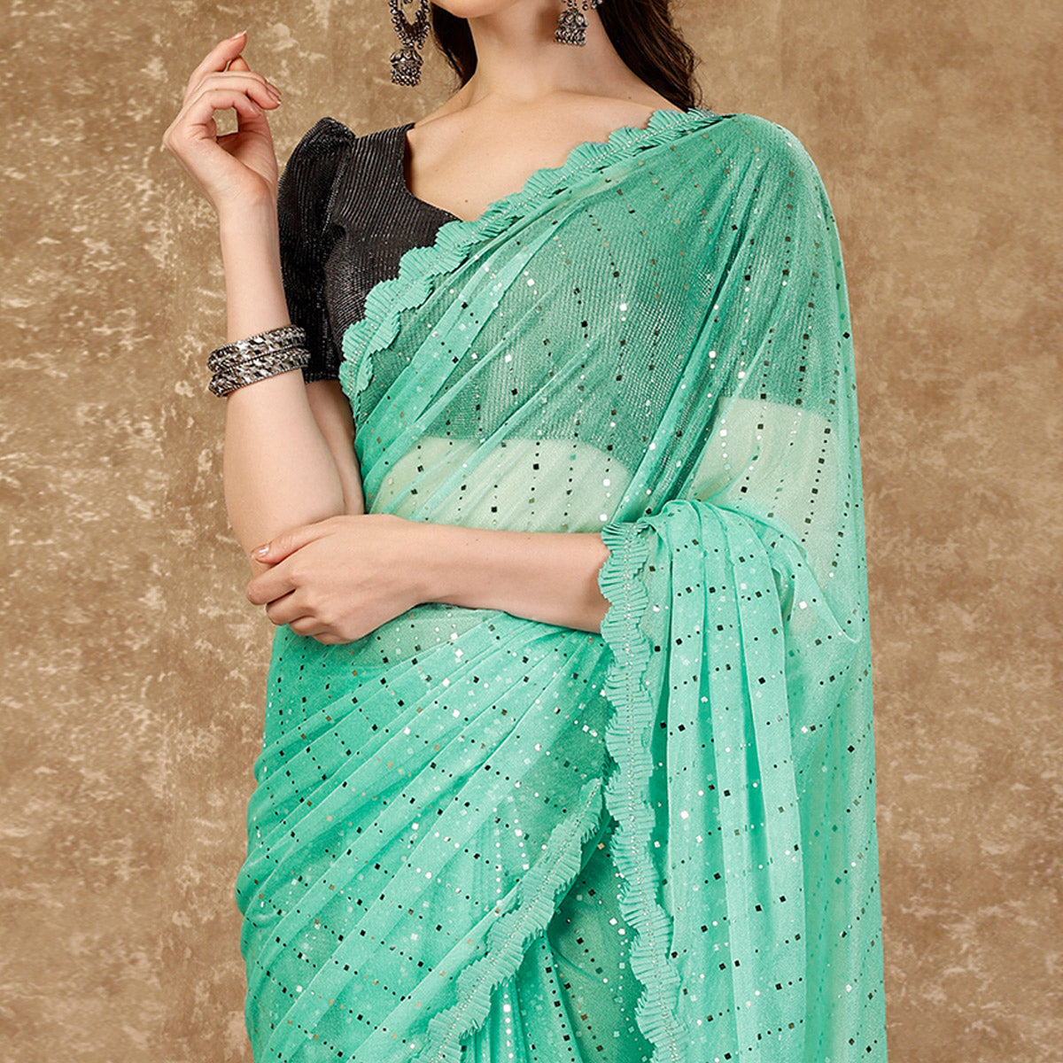 Sea Green Tikali With Swarovski Work Lycra Ready To Wear Saree