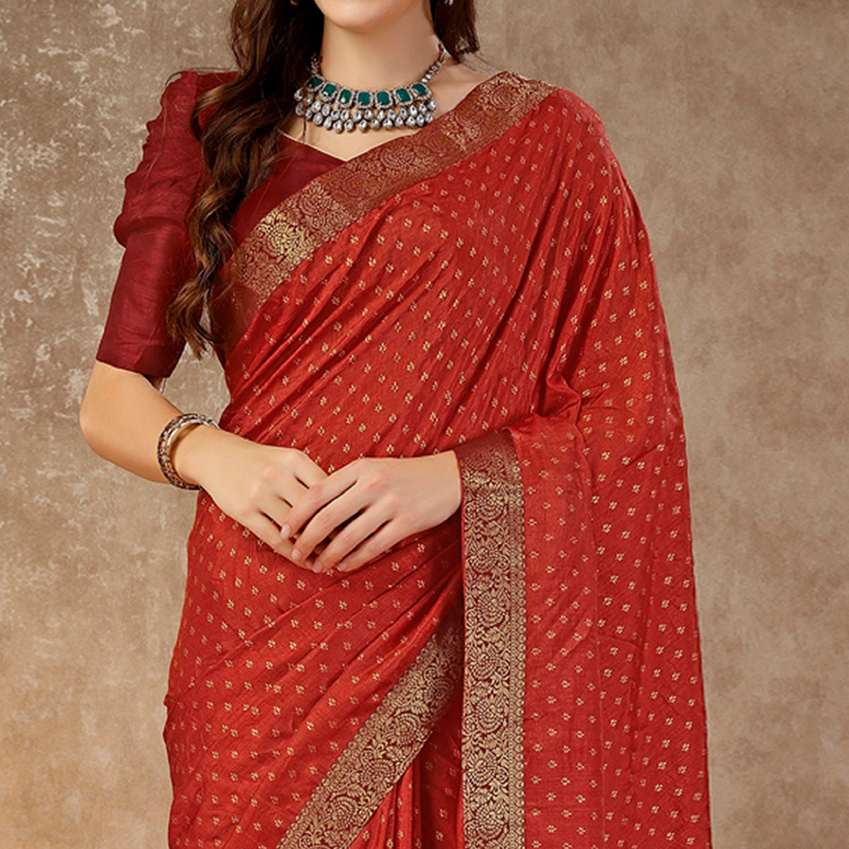 Rust Floral Foil Printed Vichitra Silk Saree With Lace Border