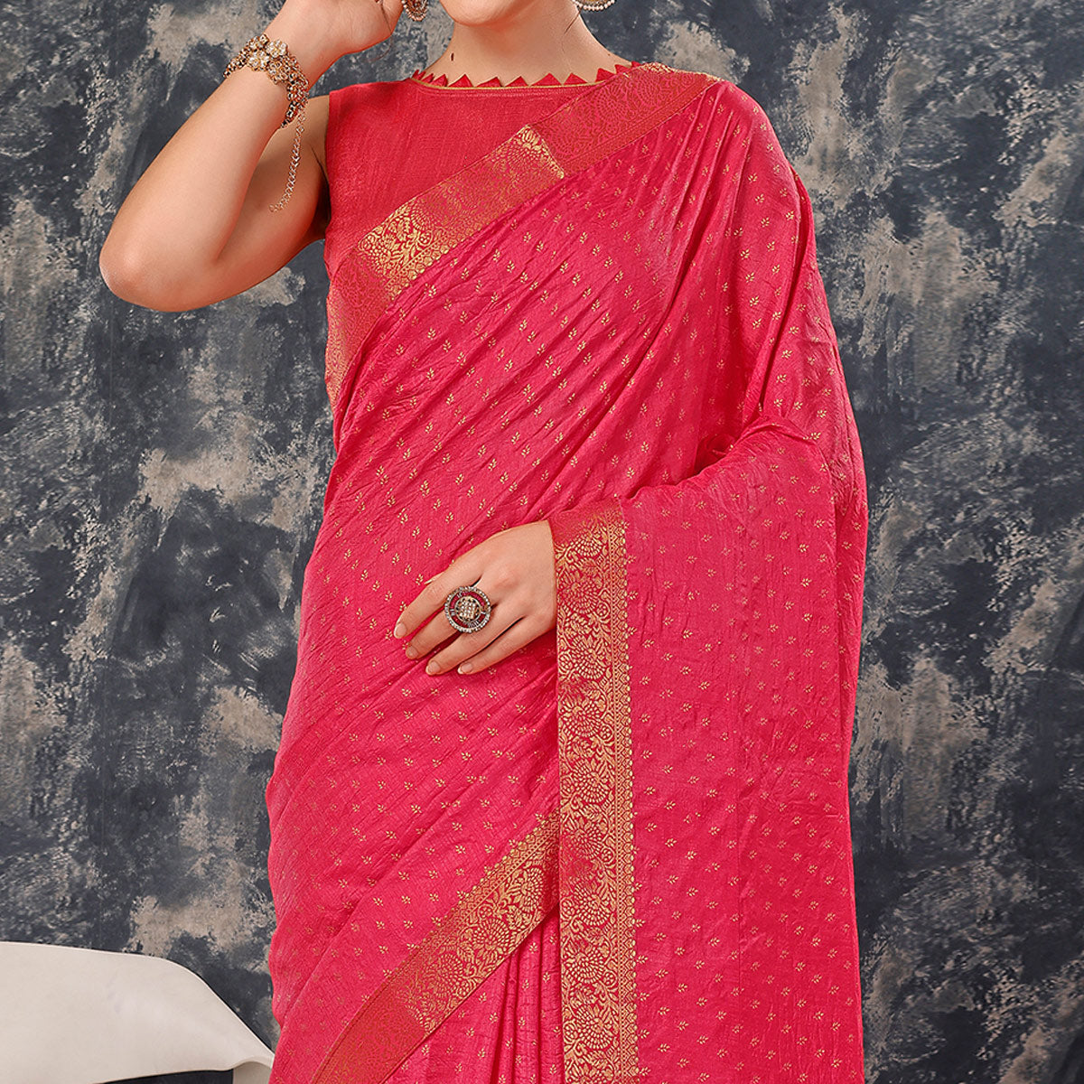 Pink Floral Foil Printed Vichitra Silk Saree With Lace Border