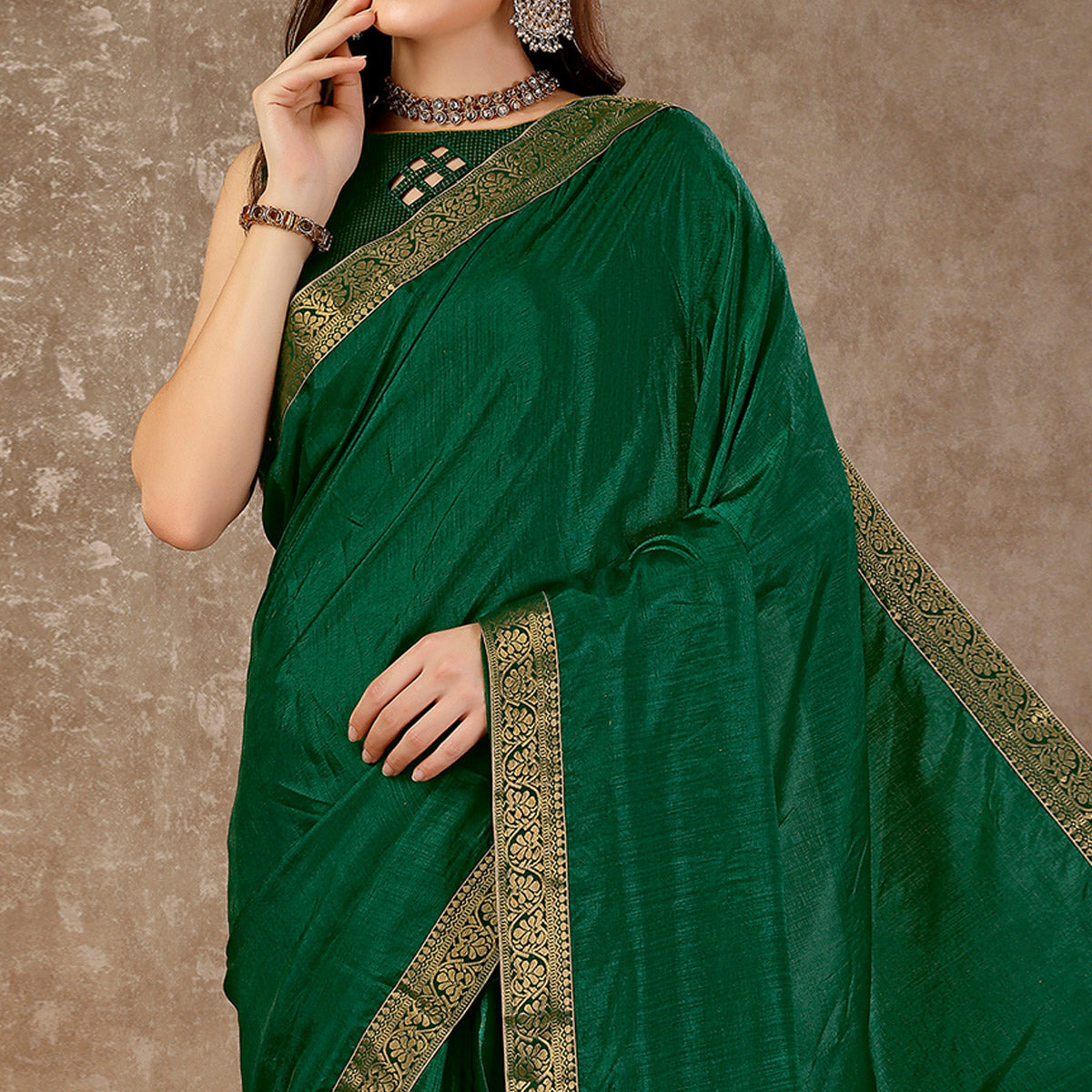 Green Floral Swarovski Work Vichitra Silk Saree With Lace Border