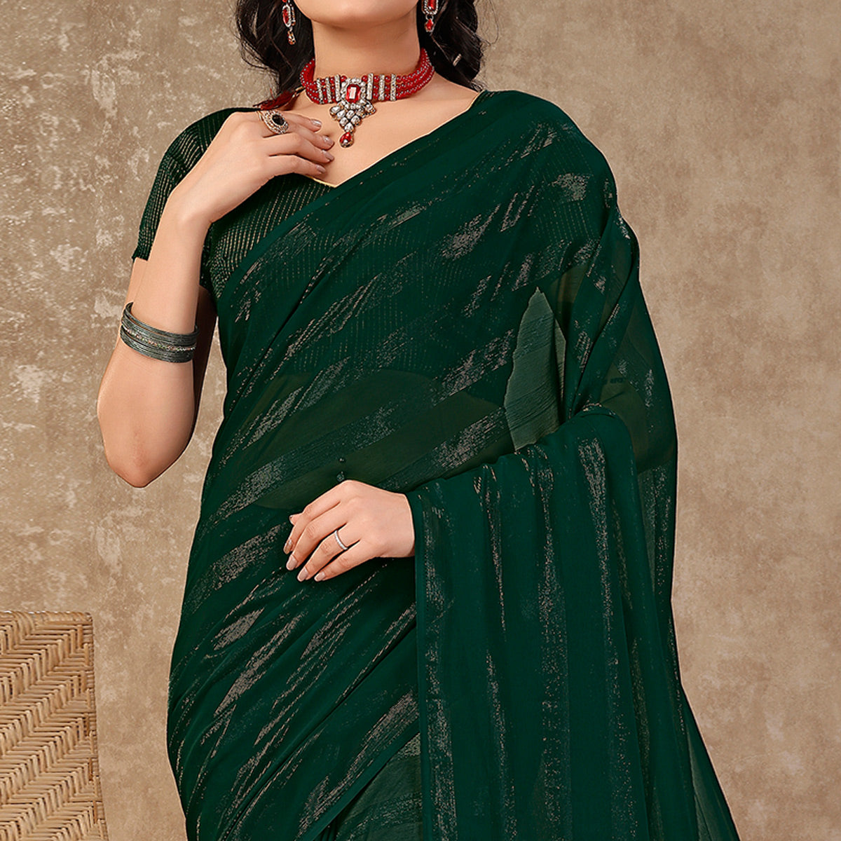 Green Swarovski Work Chiffon Saree With Tassels