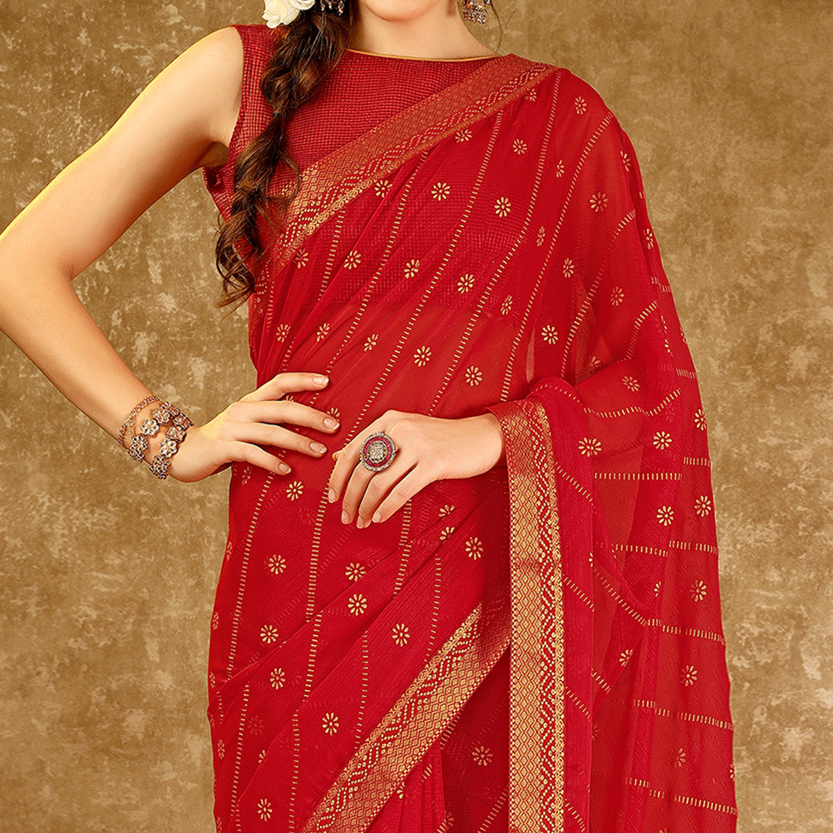 Red Floral Foil Printed Chiffon Saree With Lace Border