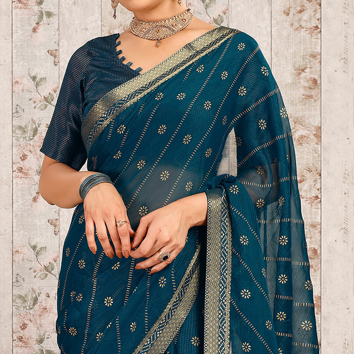 Blue Floral Foil Printed Chiffon Saree With Lace Border