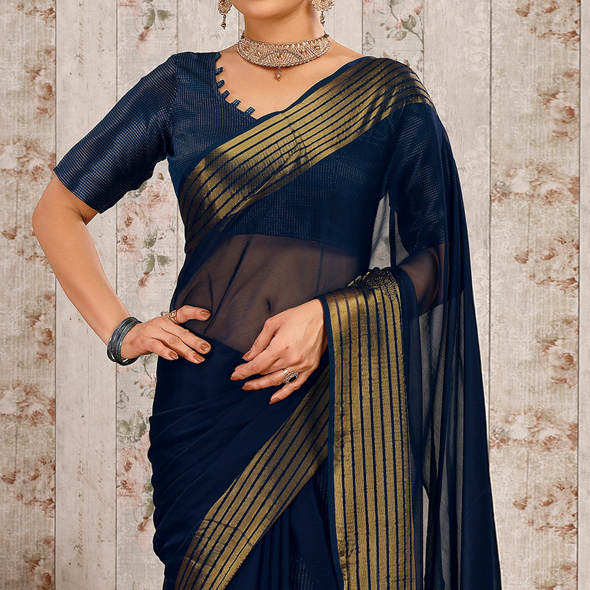 Blue Swarovski Work Chiffon Saree With Woven Border