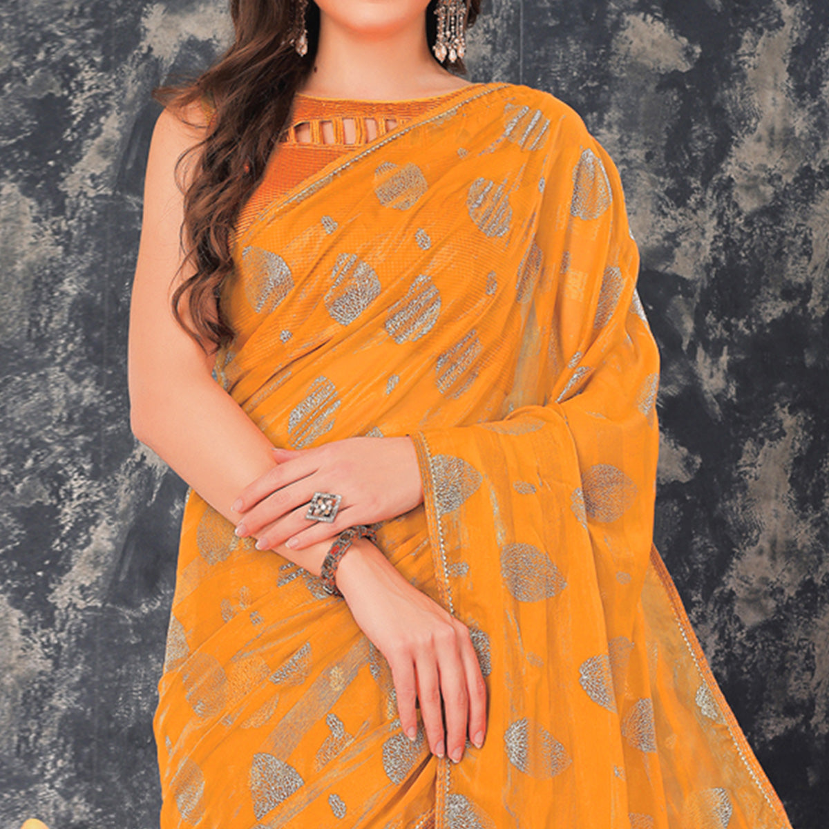 Mustard Foil Printed Chiffon Saree With Gota Patti Lace Border
