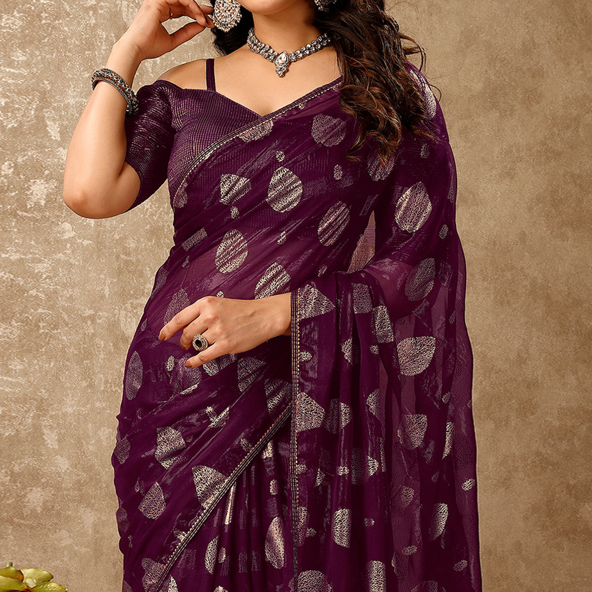 Purple Foil Printed Chiffon Saree With Gota Patti Lace Border