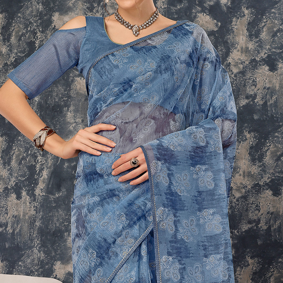 Blue Floral Printed With Zari Work Cotton Silk Saree