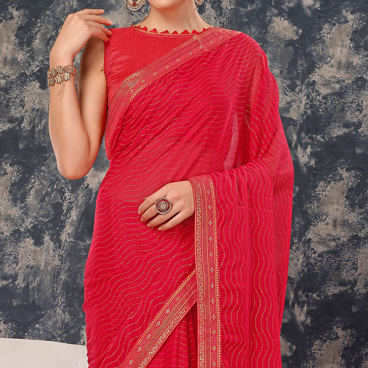 Pink Zari Embroidery Chiffon Saree With Lace Border