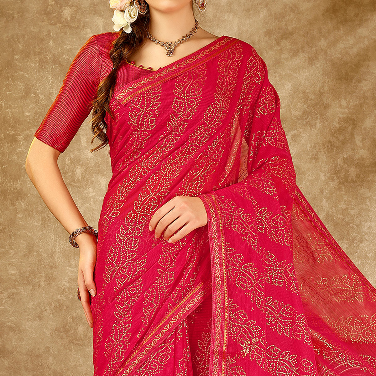 Pink Bandhani Foil Printed Chiffon Saree With Lace Border