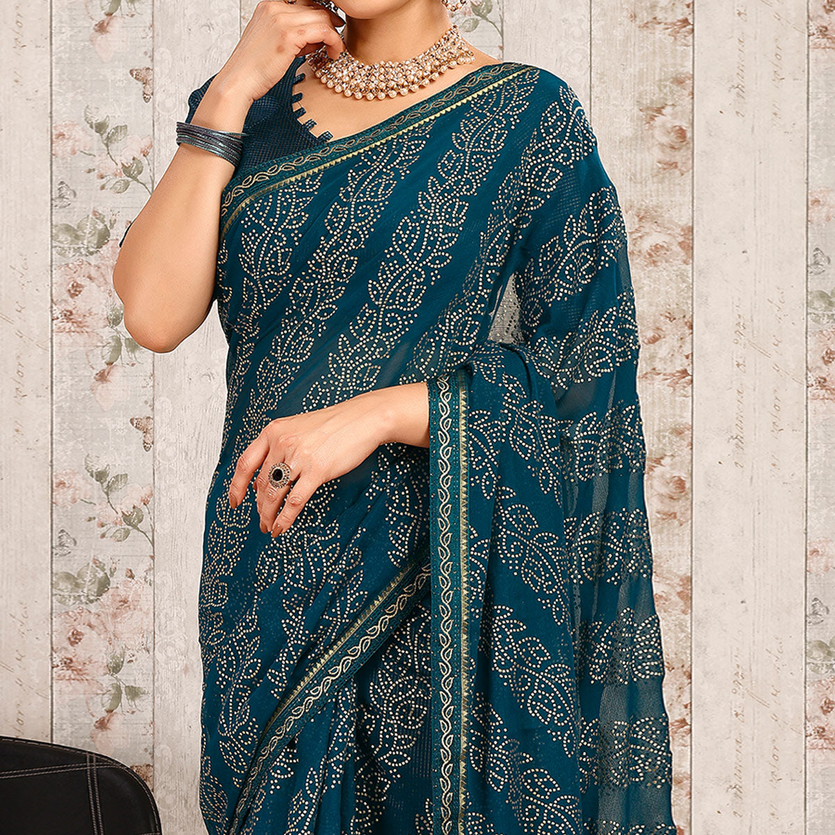 Blue Bandhani Foil Printed Chiffon Saree With Lace Border