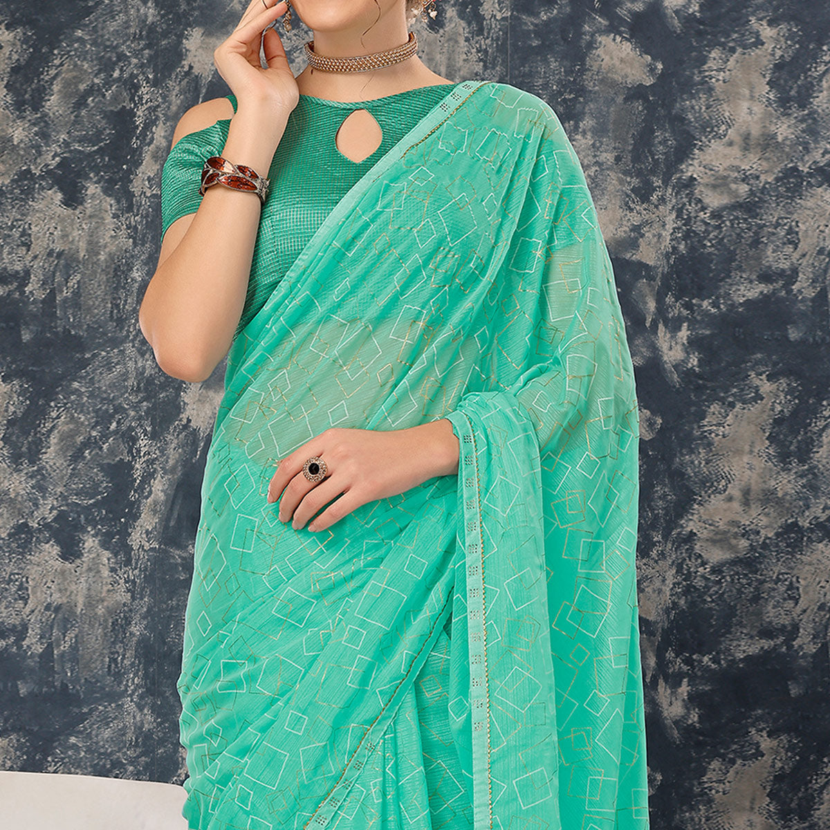 Sea Green Printed With Zari Work Chiffon Saree With Lace Border