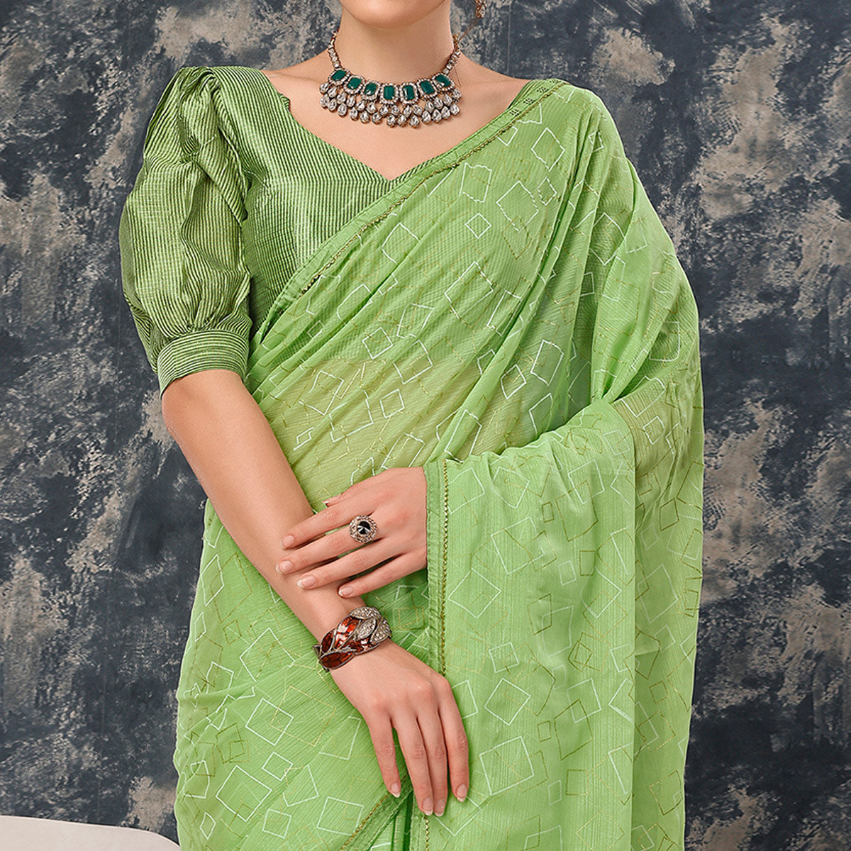 Green Printed With Zari Work Chiffon Saree With Lace Border