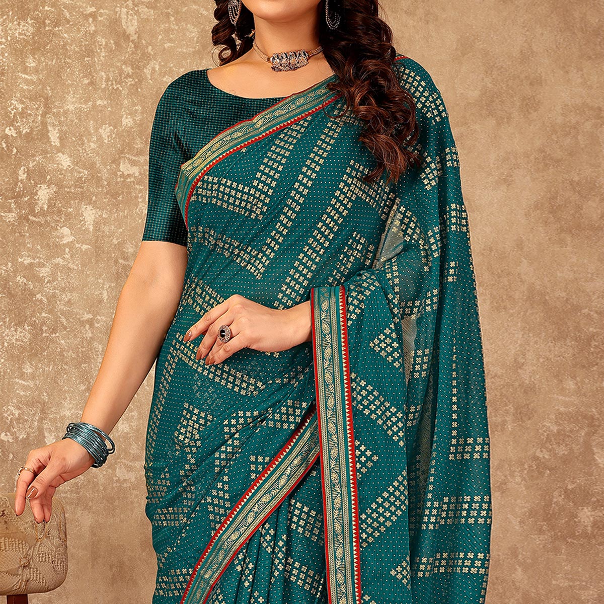 Teal Foil Printed Chiffon Saree With Lace Border