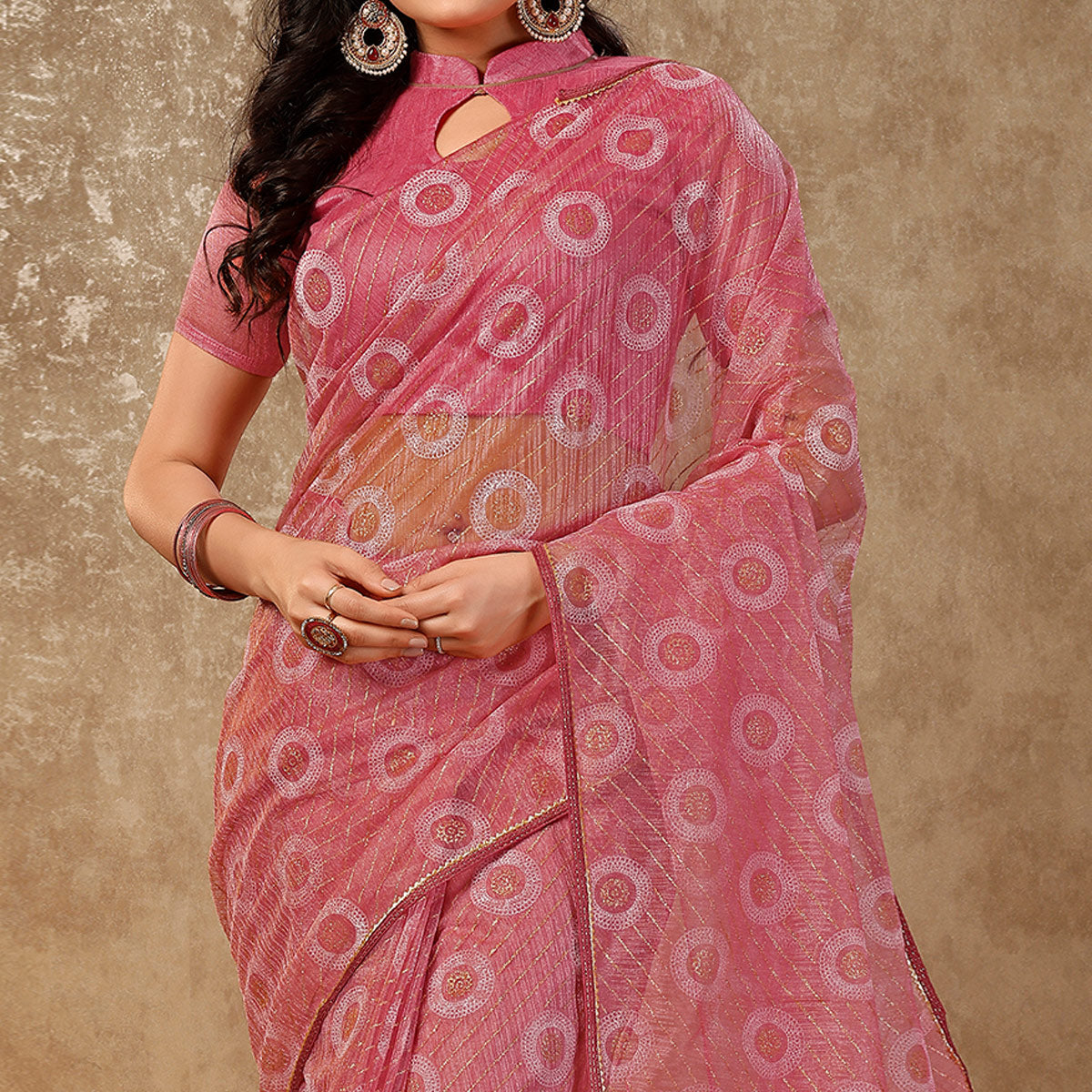 Pink Printed With Zari Work Cotton Silk Saree With Lace Border