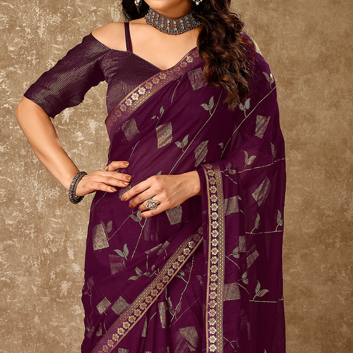 Purple Floral Foil Printed Chiffon Saree With Lace Border