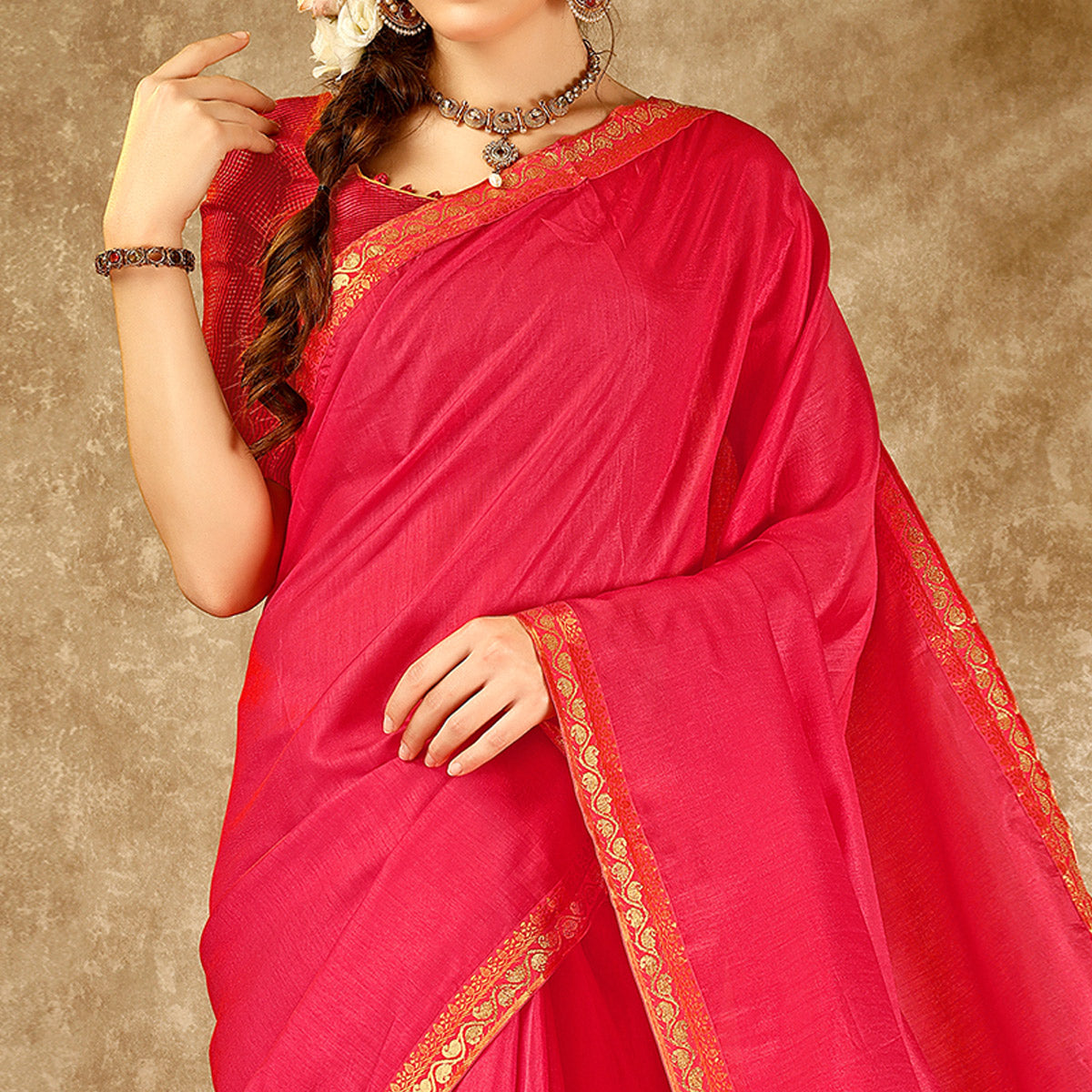 Pink Swarovski Work Vichitra Silk Saree With Lace Border