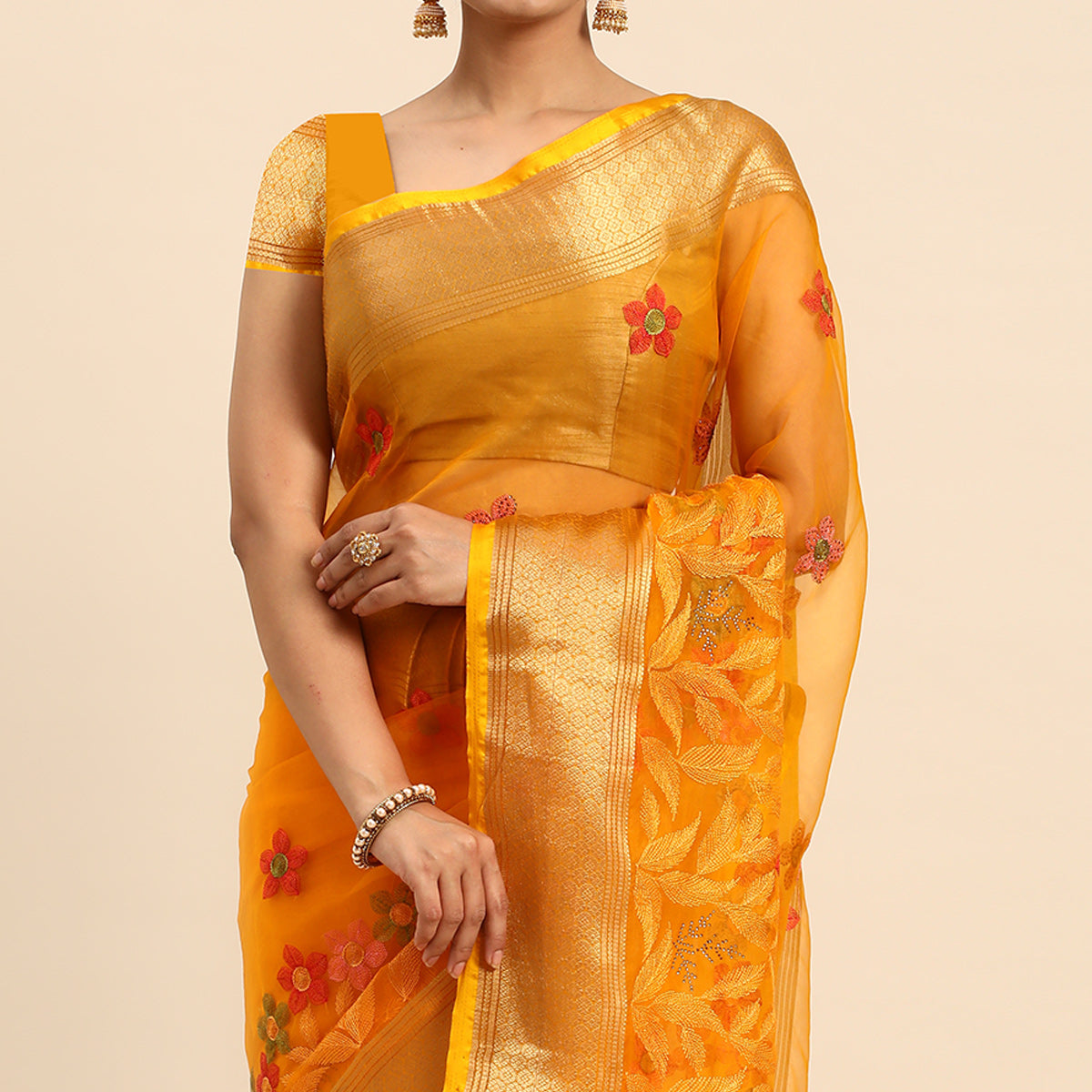 Yellow Floral Embroidered Organza Saree