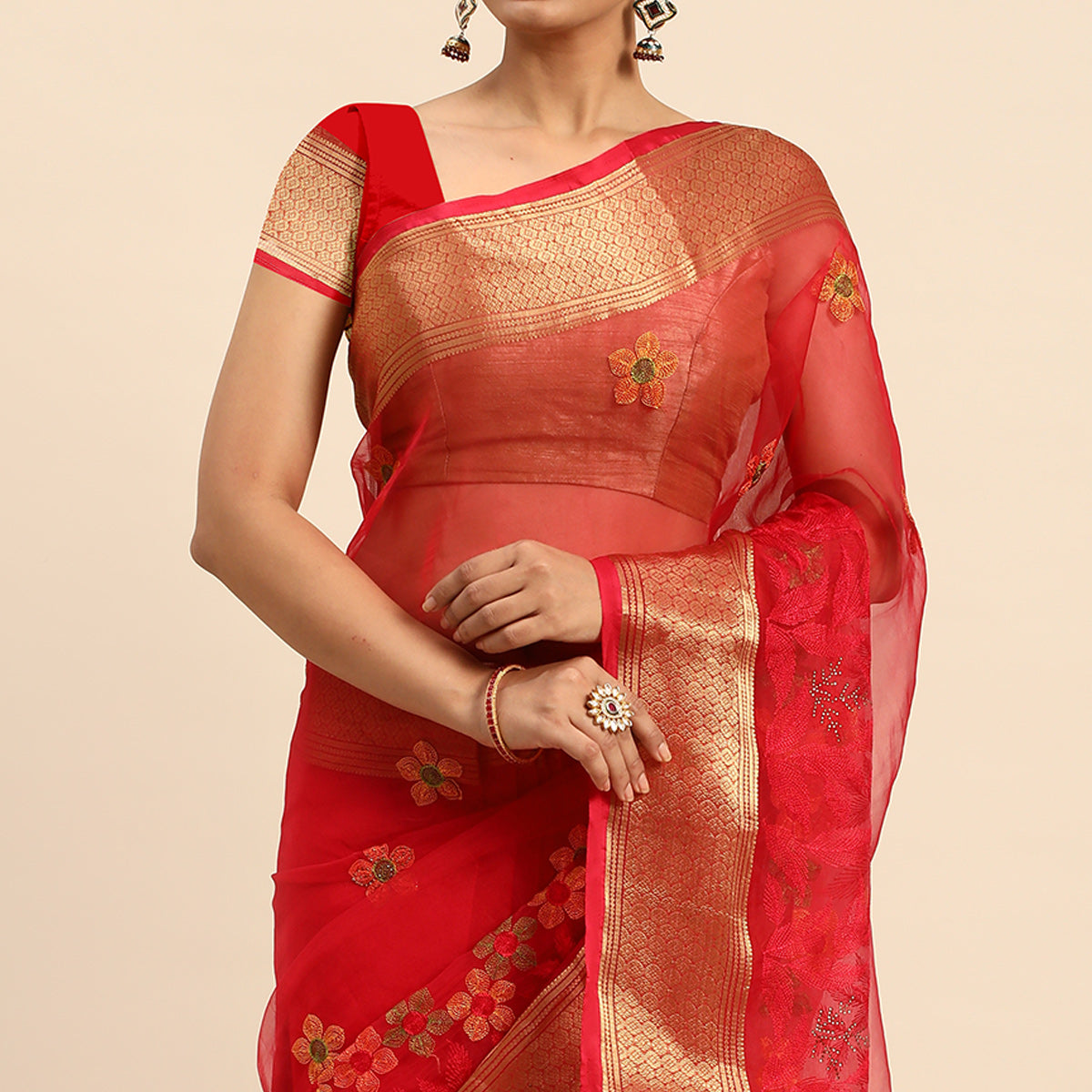 Pink Floral Embroidered Organza Saree