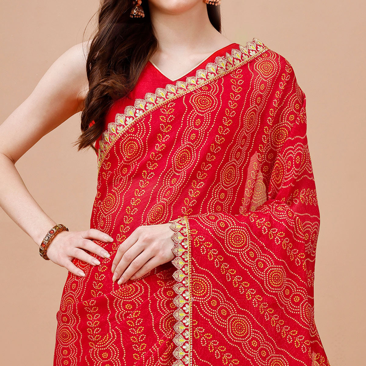 Red Bandhani Printed Chiffon Saree