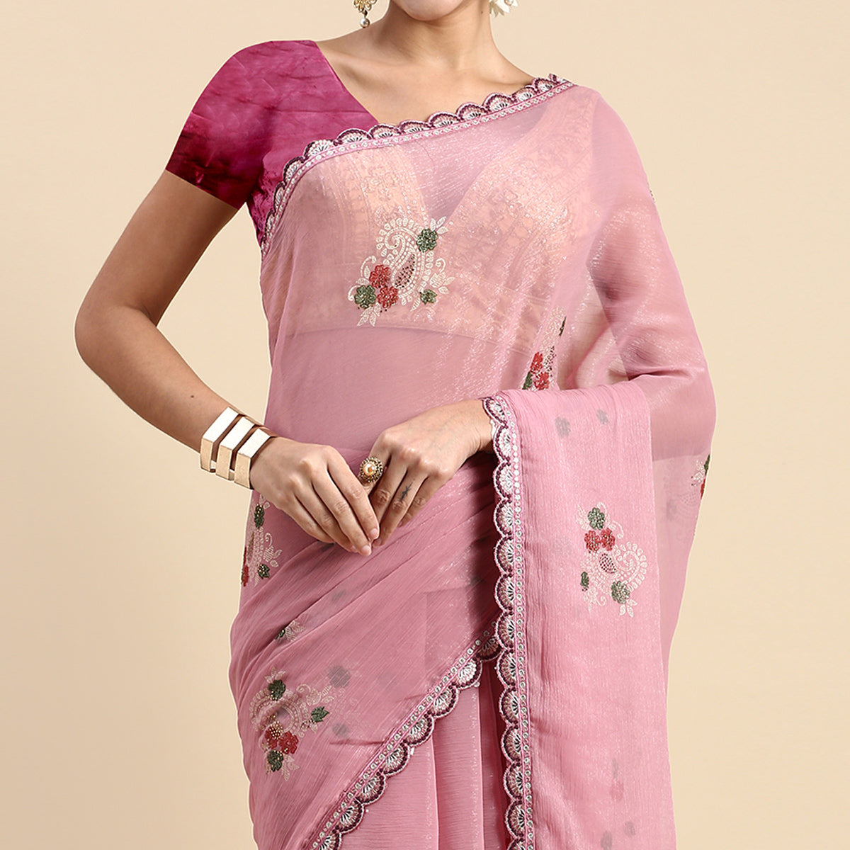 Pink Foil Printed With Swarovski Shimmer Chiffon Saree