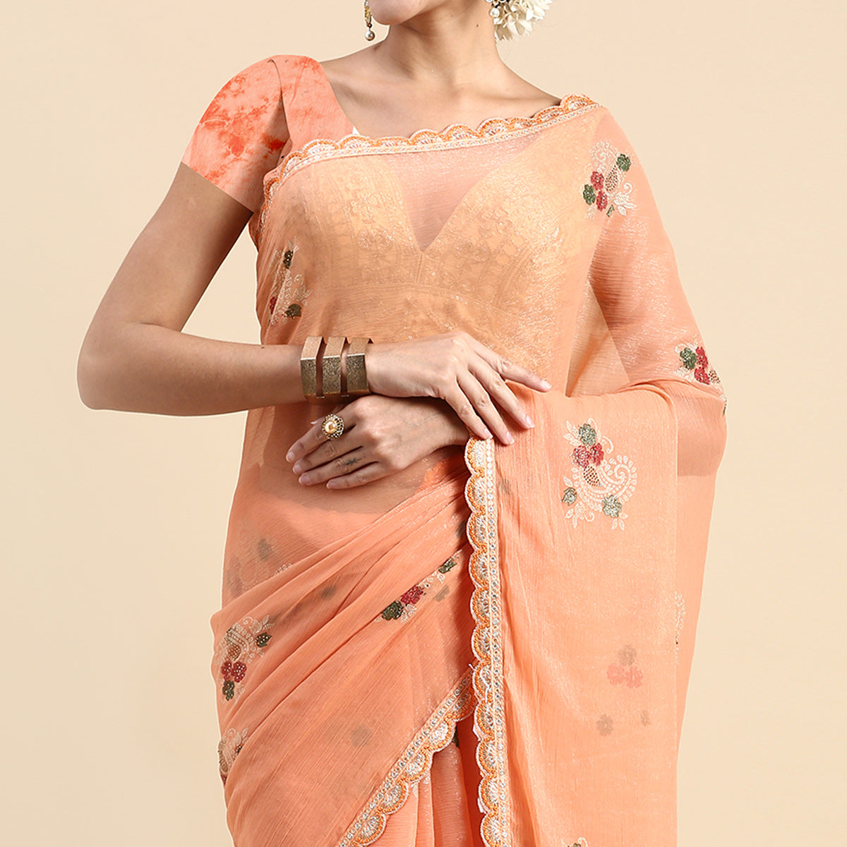 Orange Foil Printed With Swarovski Shimmer Chiffon Saree