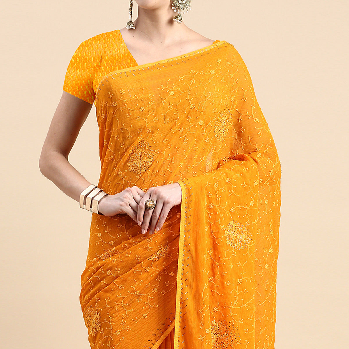 Yellow Floral Embroidered Zomato Silk Saree