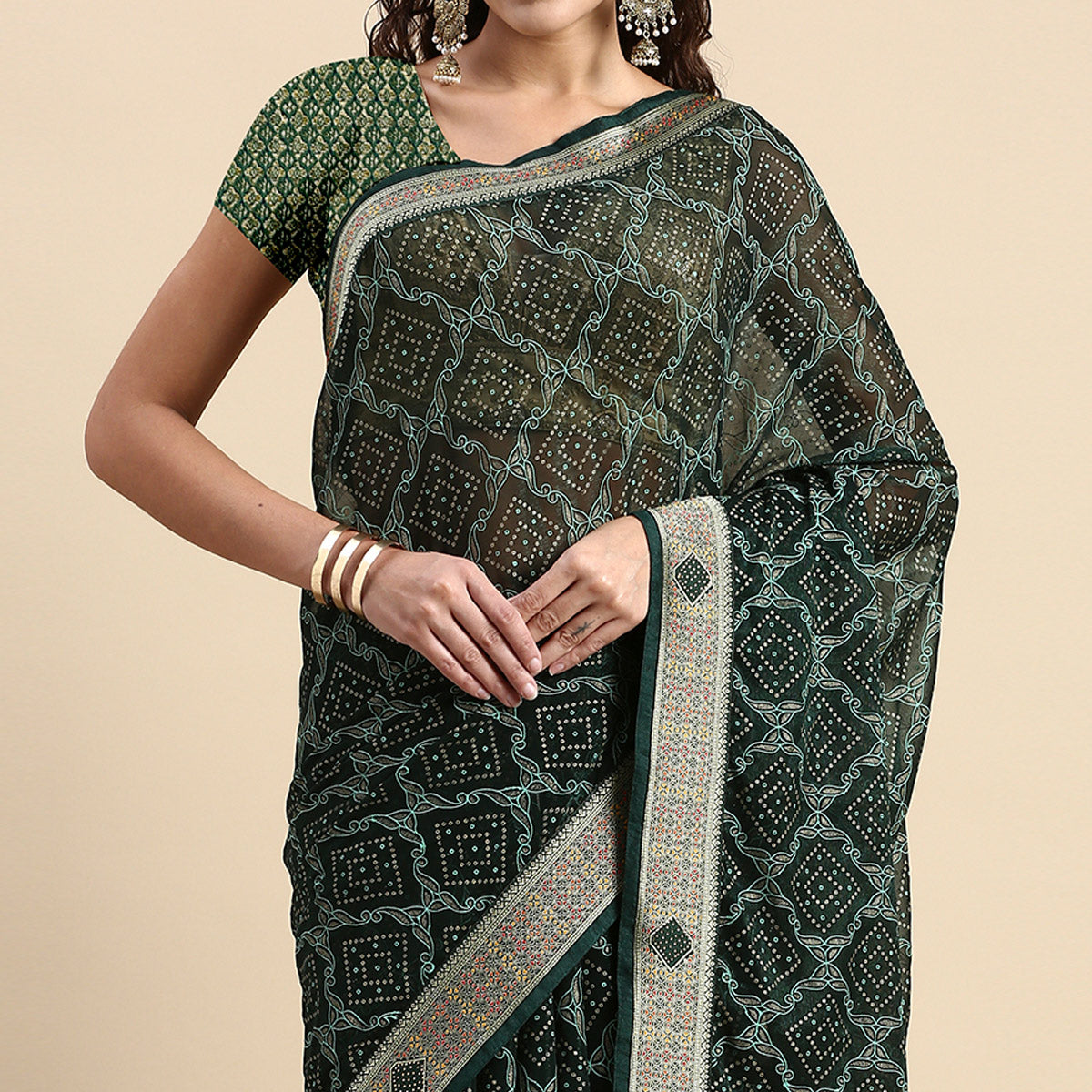 Green Foil Printed With Fancy Border Chiffon Saree