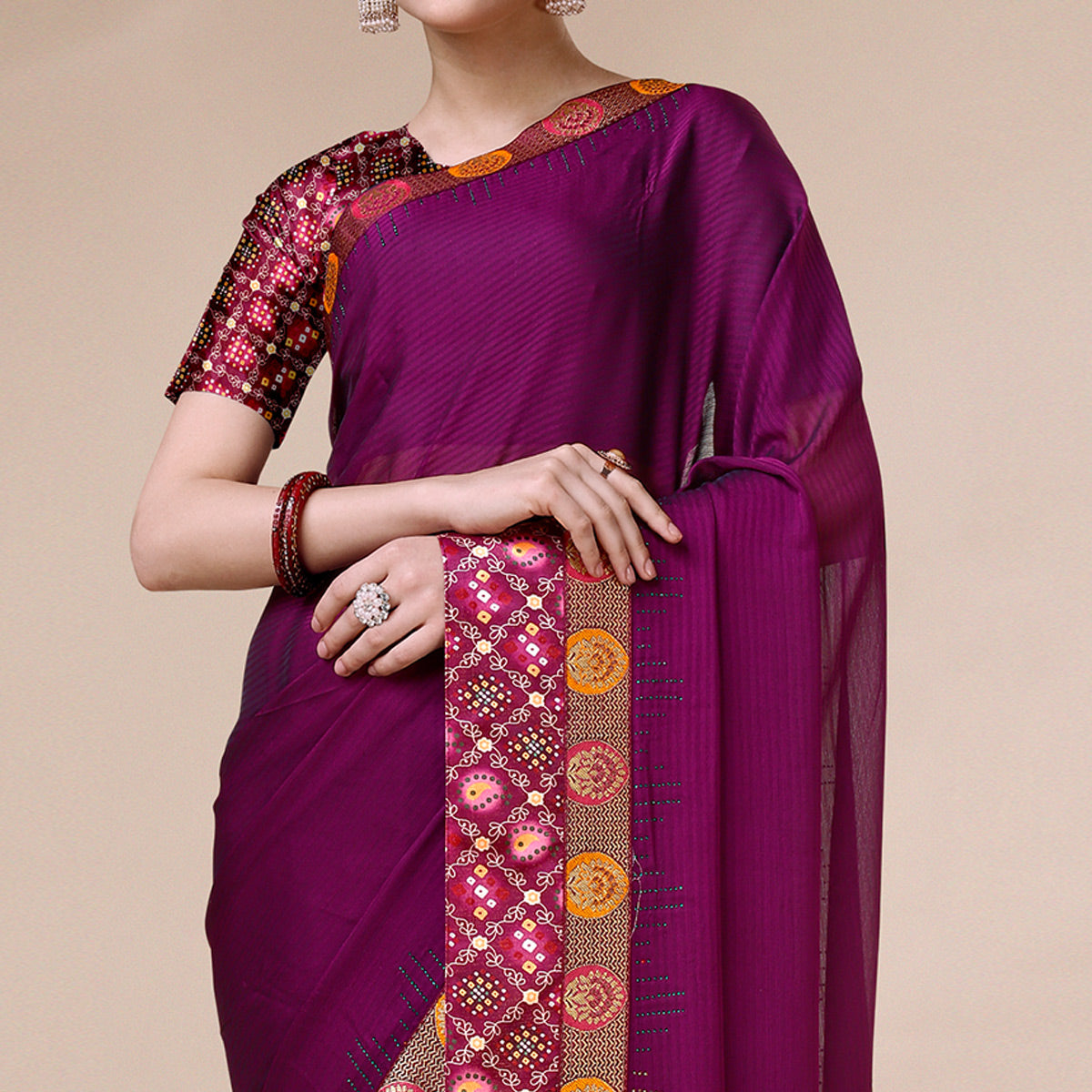 Purple Swarovski With Bandhani Printed Border Art Silk Saree