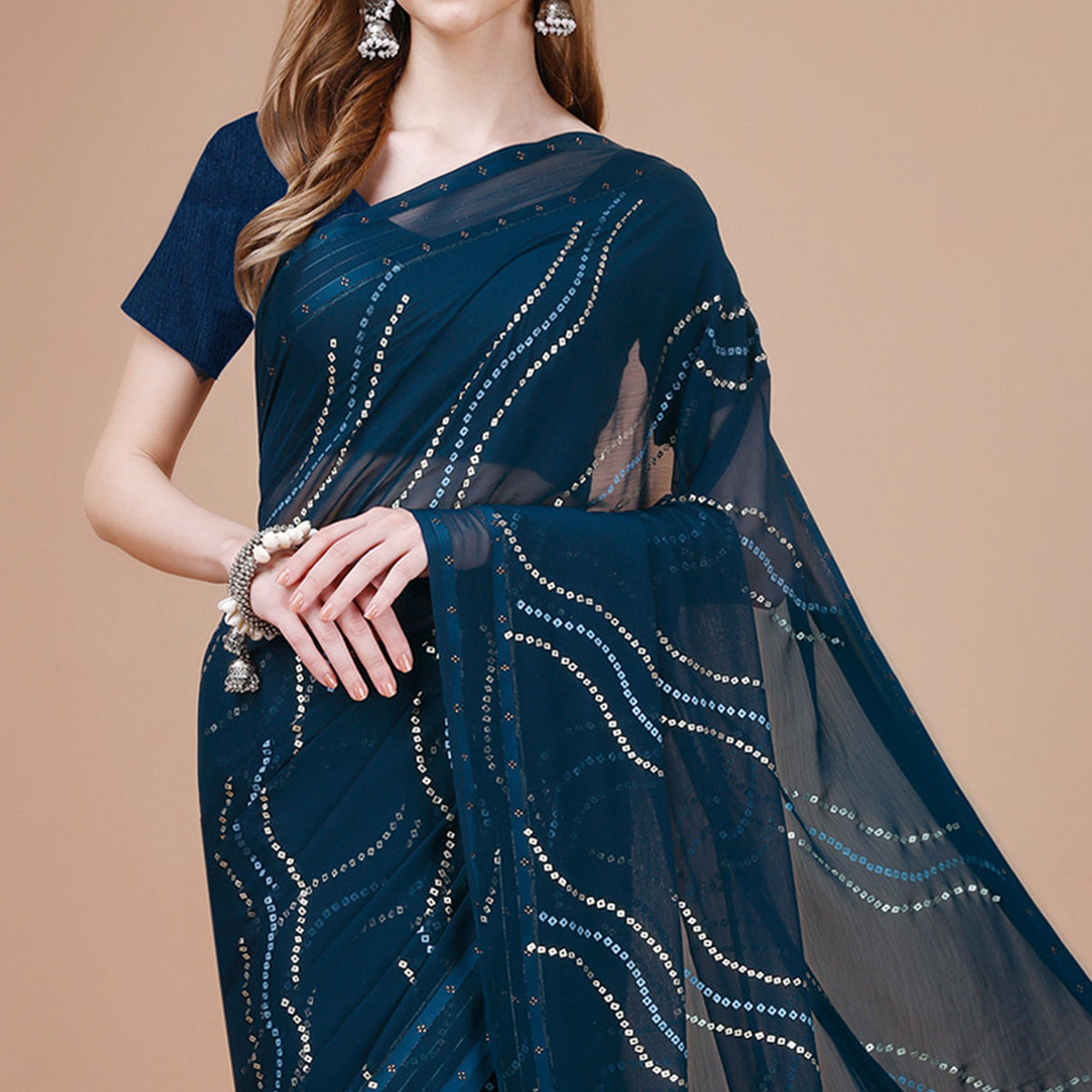 Blue Bandhani Printed Chiffon Saree With Tassels