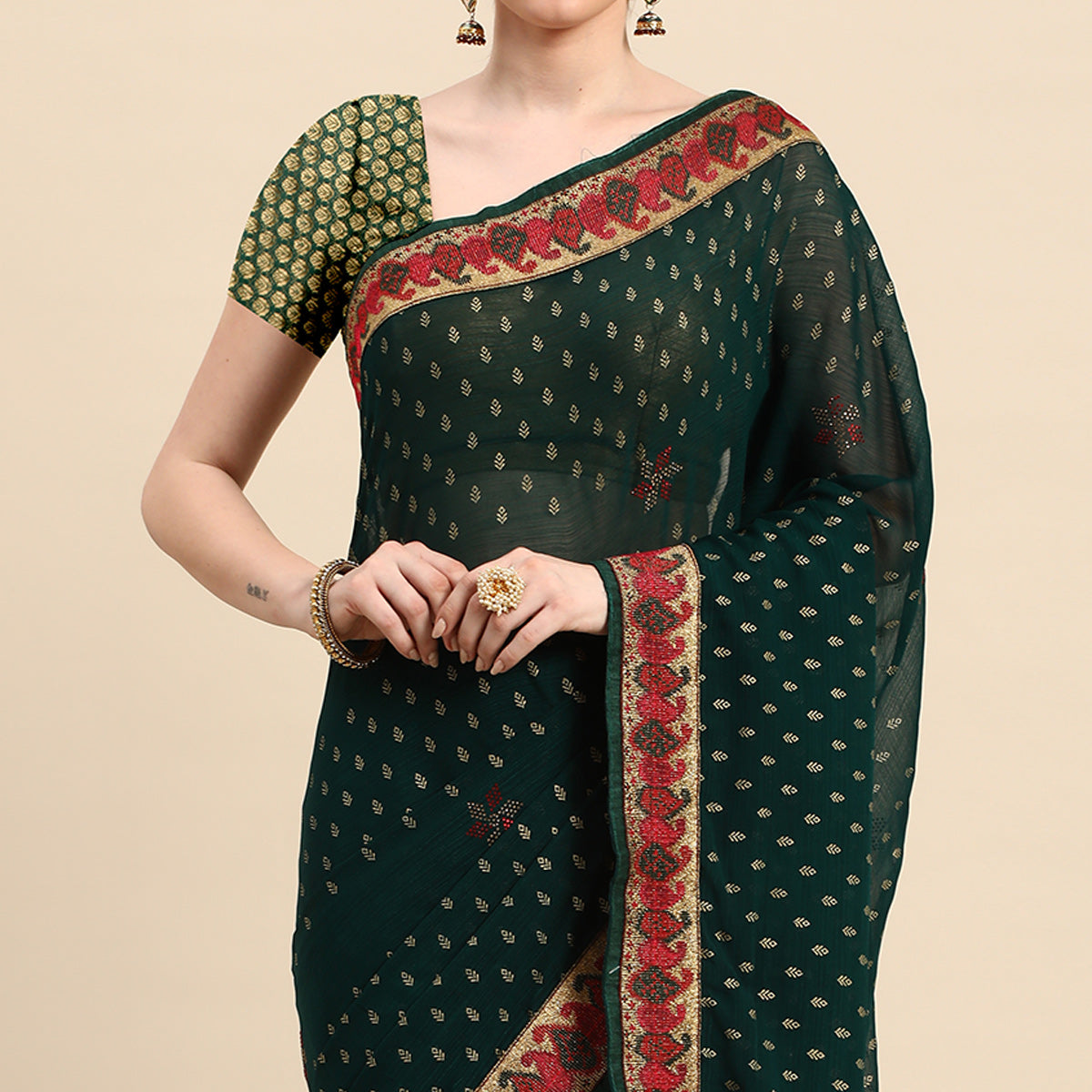 Green Foil Printed With Swarovski Zomato Silk Saree