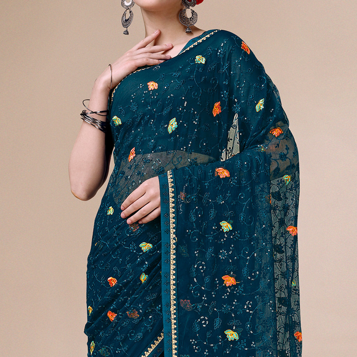 Teal Blue Floral Embroidered Chiffon Saree