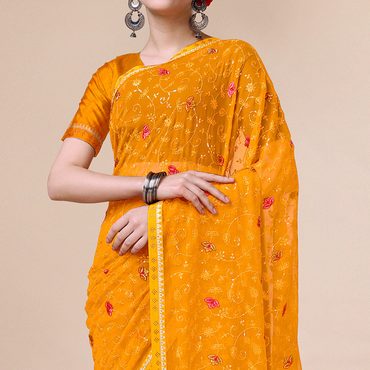 Mustard Floral Embroidered Chiffon Saree