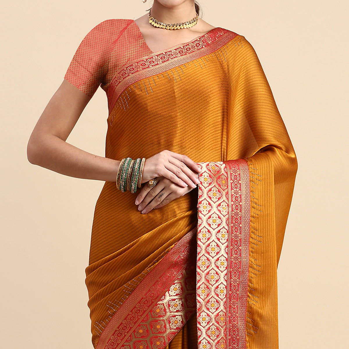 Mustard Swaroski Work With Woven Border Satin Saree