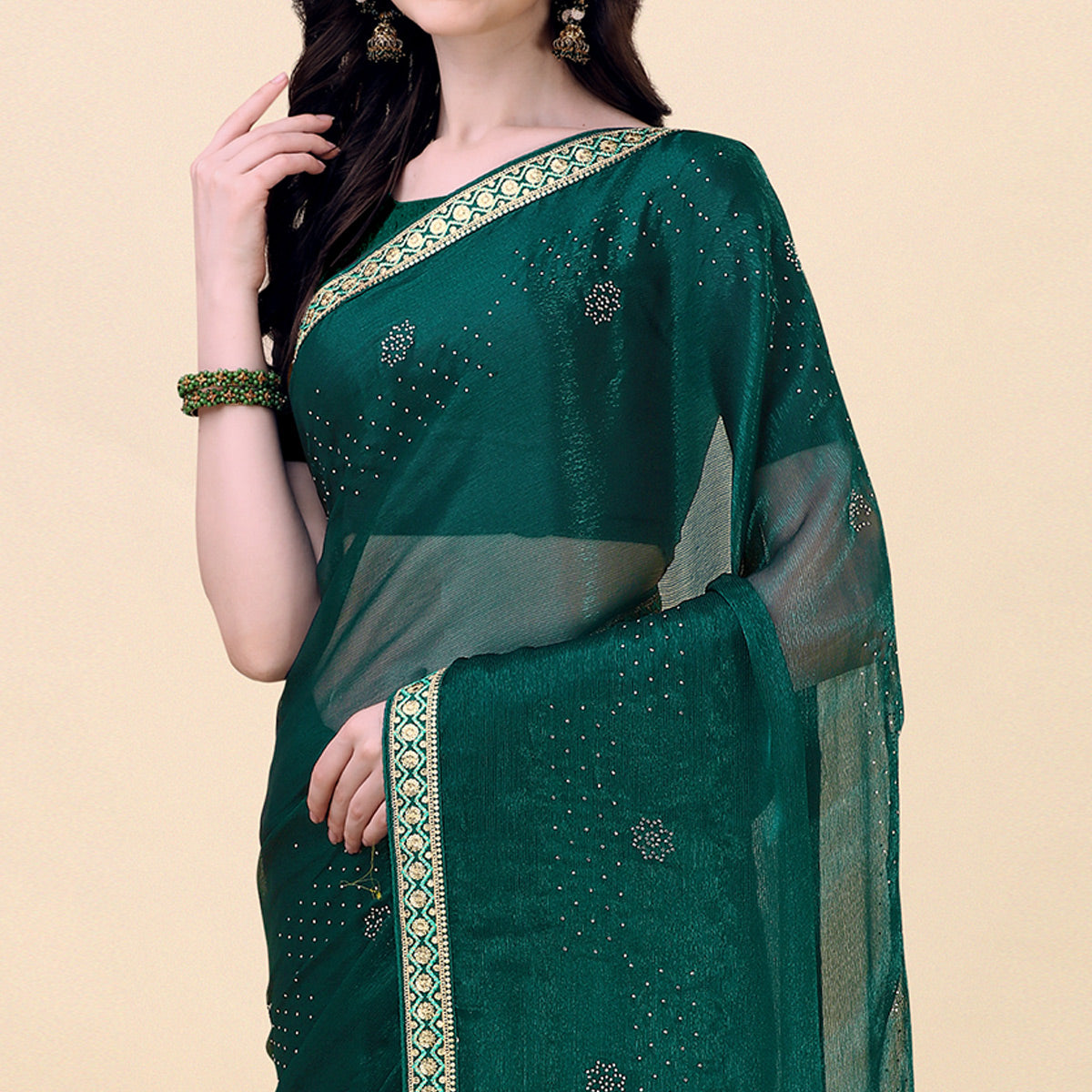 Green Swarovski With Sequins Embroidered Chiffon Saree