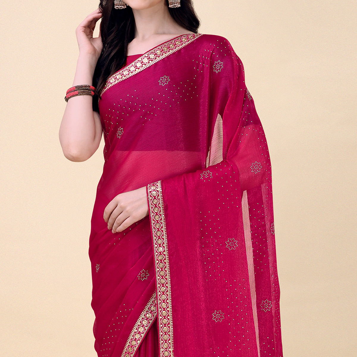 Pink Swarovski With Sequins Embroidered Chiffon Saree