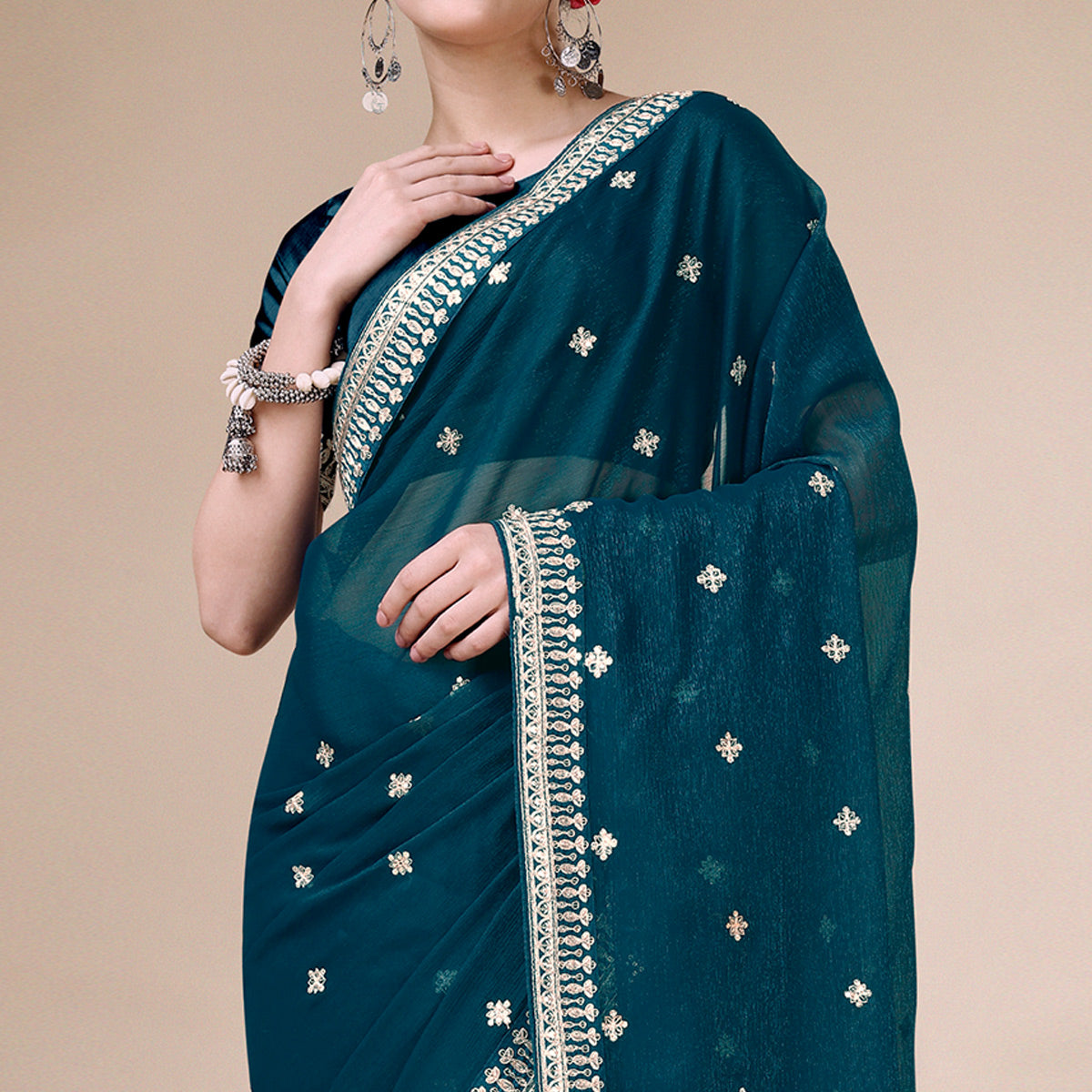 Teal Blue Sequins Embroidered Chiffon Saree