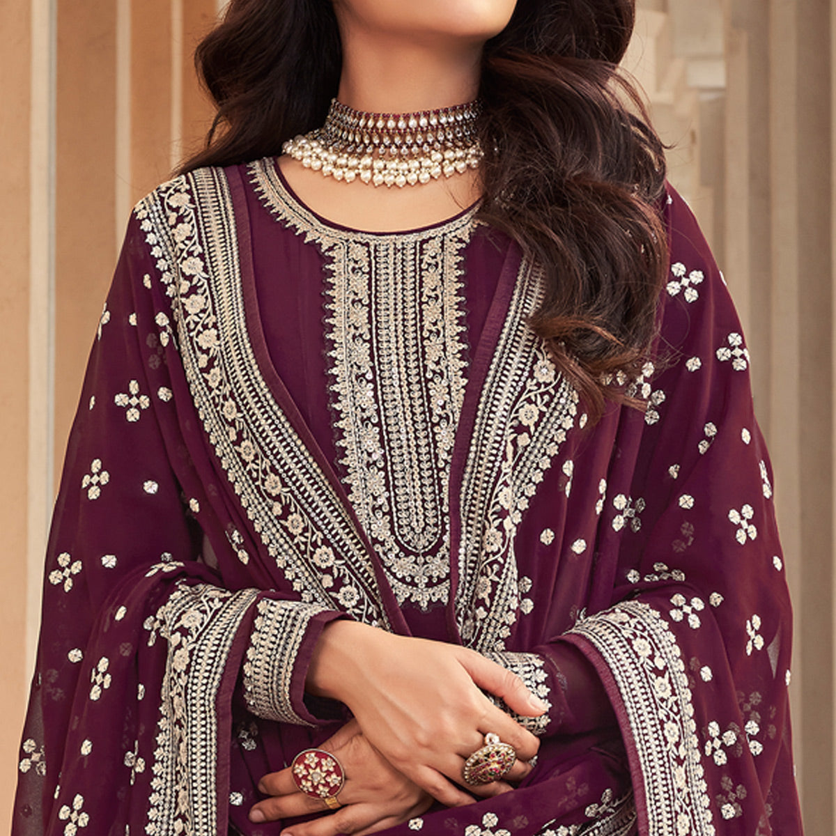 Wine Sequins Embroidered Georgette Semi Stitched Anarkali Suit